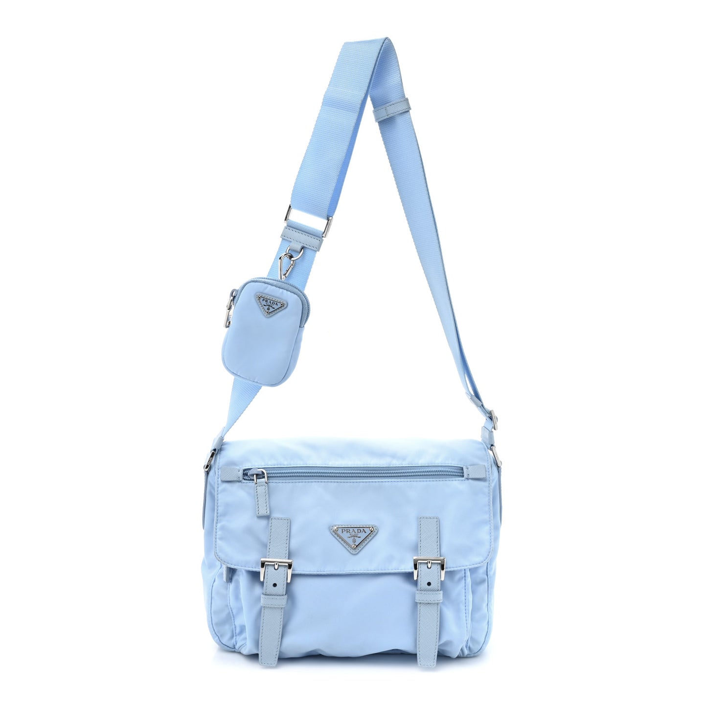 Re-Nylon Vela Saffiano Pocket Double Buckle Messenger Shoulder Bag Fiordaliso