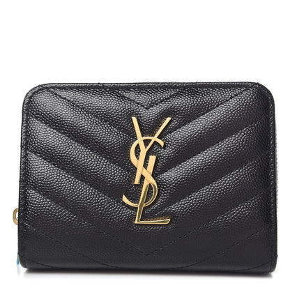 Saint Laurent Grain De Poudre Matelasse Chevron Monogram Compact Zip Around Wallet Black 1 of 8