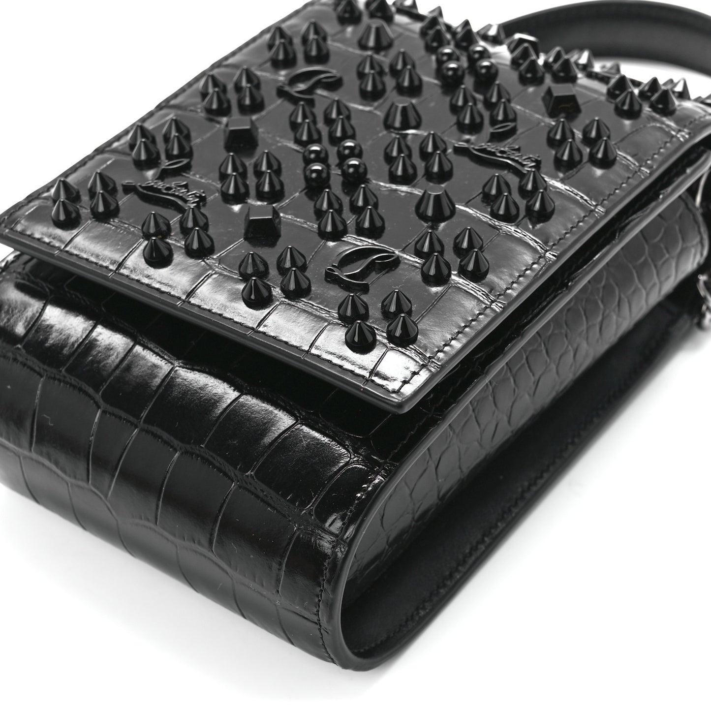 Crocodile Embossed Calfskin Spikes Loubinthesky Paloma Crossbody Phone Case Black