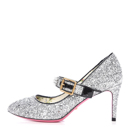 Gucci Calfskin Glitter Slyvie Mary Jane Pumps Argento 35.5 1 of 10