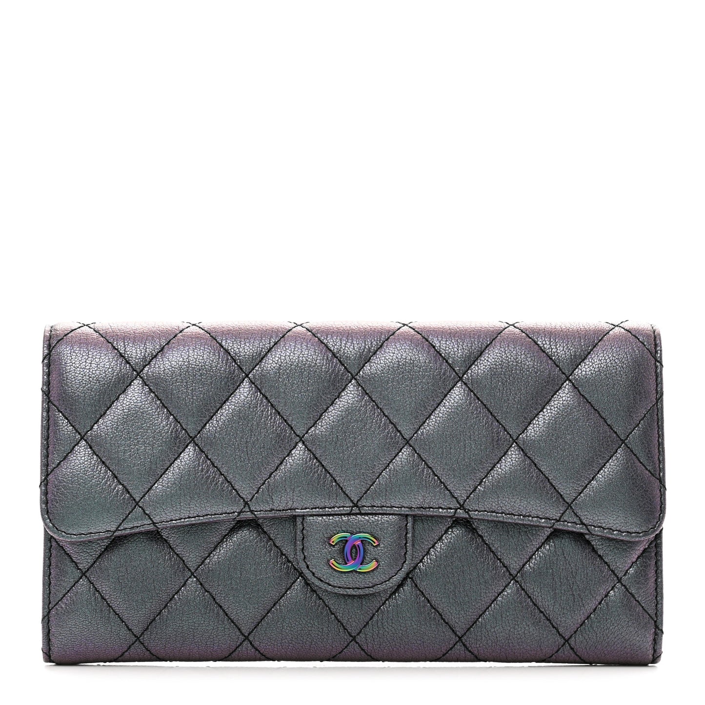 Iridescent Goatskin Quilted Large Flap Wallet Purple