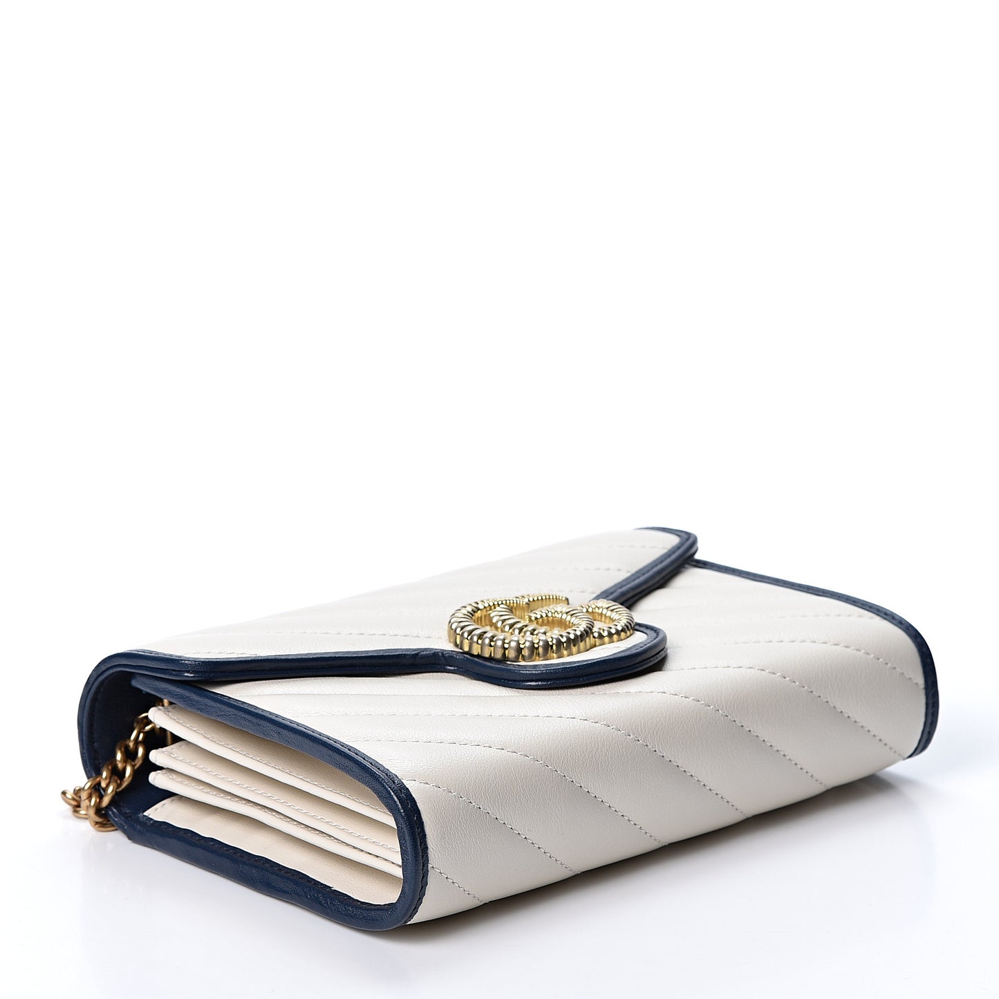 Vintage Effect Calfskin Matelasse Diagonal Torchon GG Marmont Chain Wallet Mystic White Blue Agata