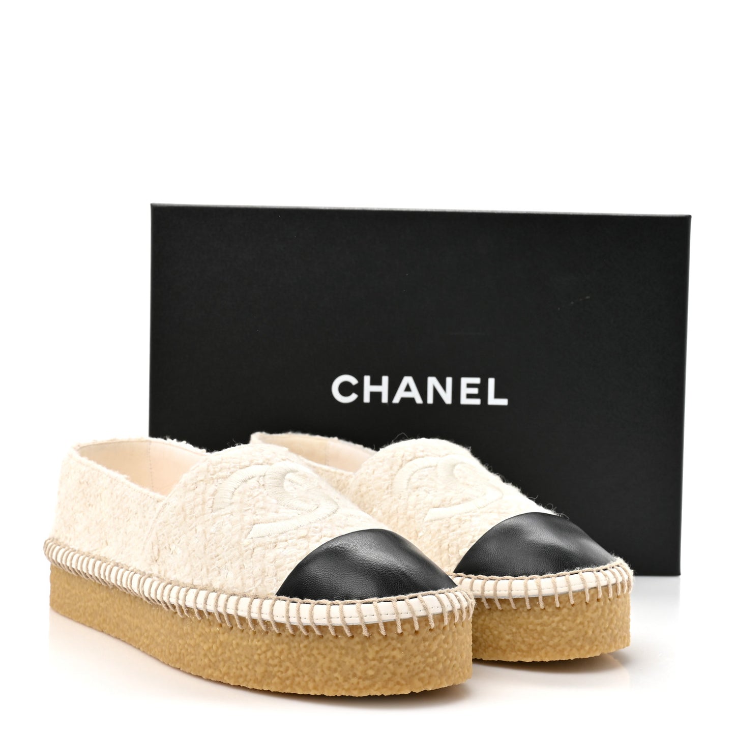 Cotton Wool Tweed Lambskin CC Platform Espadrilles 37 White Black