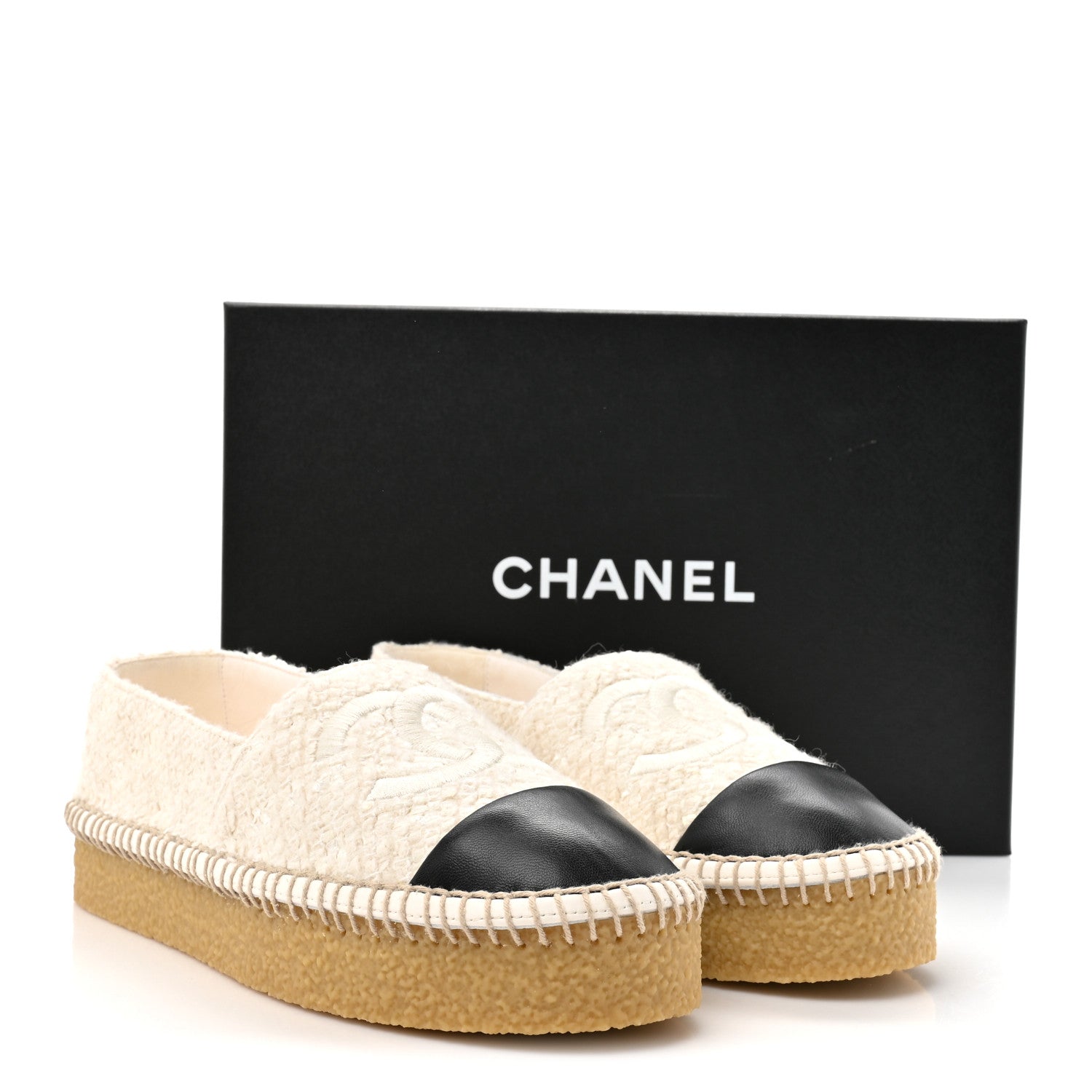 Chanel Cotton Wool Tweed Lambskin CC Platform Espadrilles 37 White Black 10 of 10