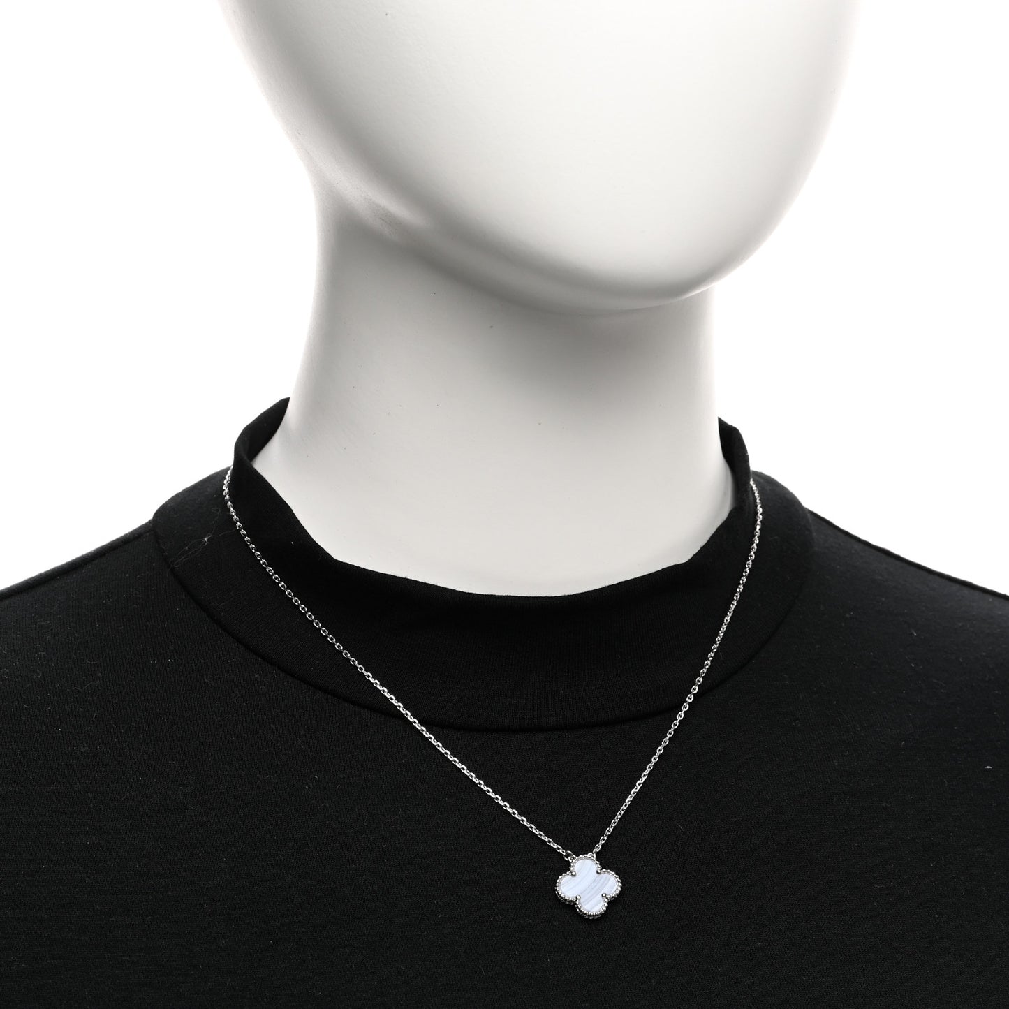 18K White Gold Chalcedony Vintage Alhambra Pendant Necklace