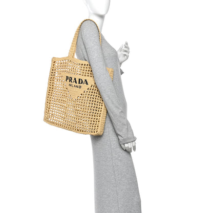 Prada Yarn Raffia Effect Crochet Logo Embroidered Tote Bag Naturale 2 of 9