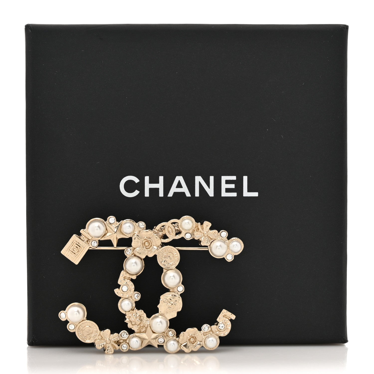 Chanel Crystal Pearl CC Charms Brooch Gold 4 of 4