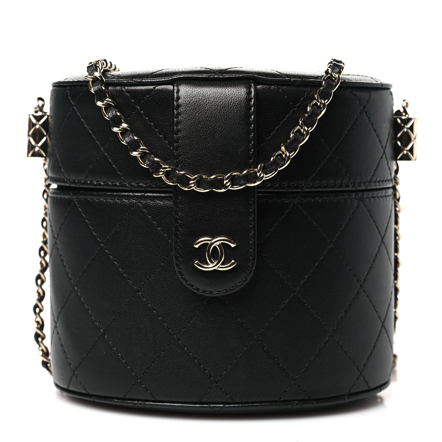Lambskin Quilted Round Vanity Case With Chain Black