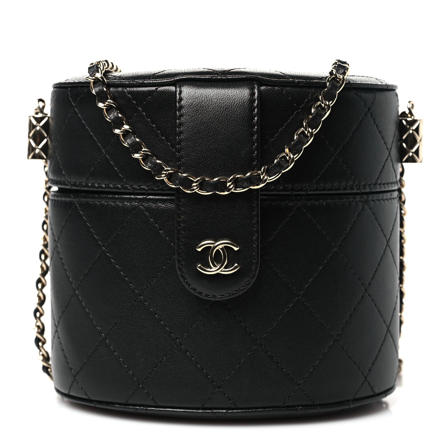 Chanel Lambskin Quilted Round Vanity Case With Chain Black 1 of 12