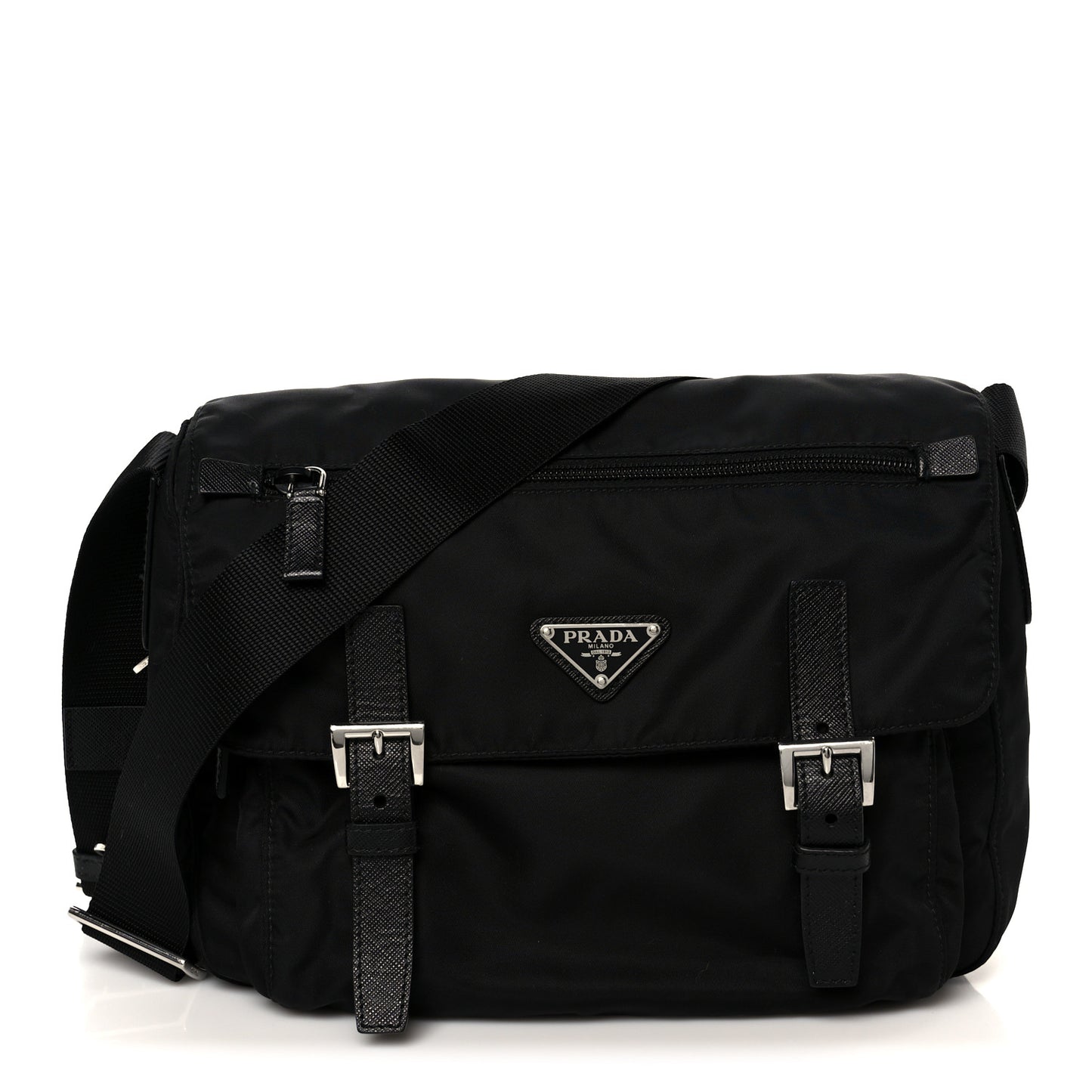 Re-Nylon Vela Saffiano Pocket Double Buckle Messenger Shoulder Bag Black