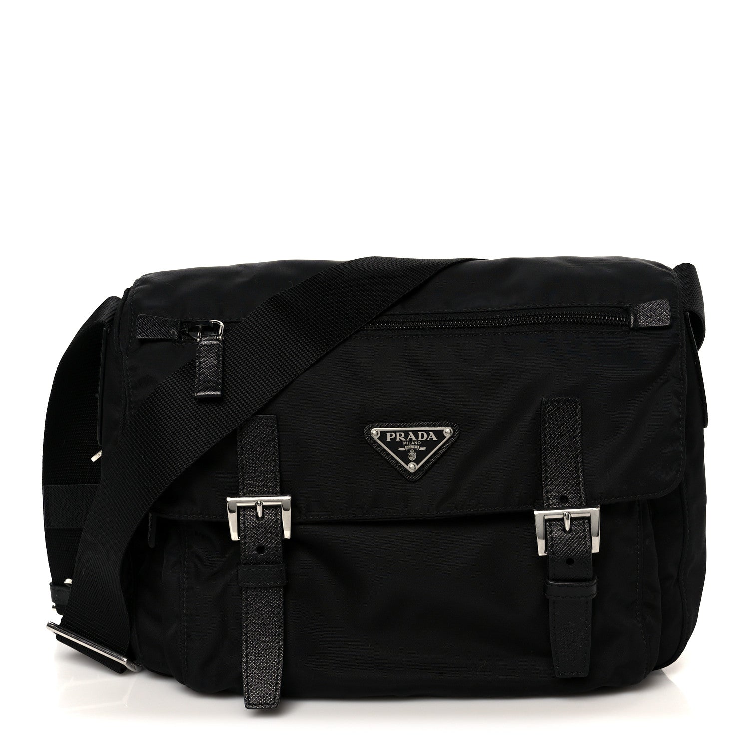Prada Re-Nylon Vela Saffiano Pocket Double Buckle Messenger Shoulder Bag Black 1 of 10