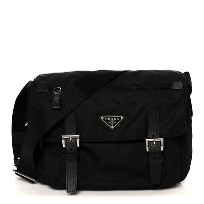 Prada Re-Nylon Vela Saffiano Pocket Double Buckle Messenger Shoulder Bag Black 1 of 10