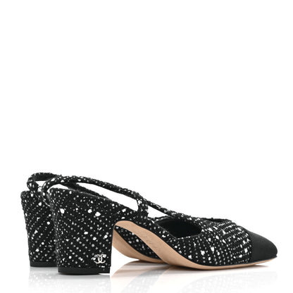 Chanel Tweed Grosgrain Cap Toe CC Slingback Pumps 36 Black White 4 of 7