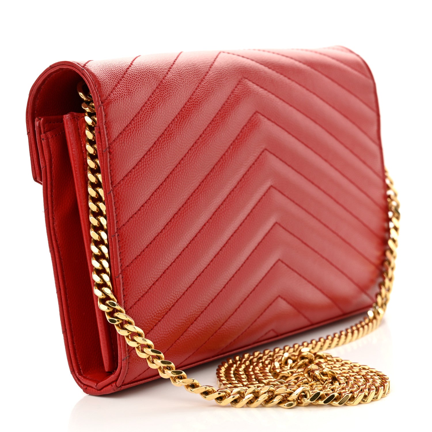 Saint Laurent Grain De Poudre Matelasse Chevron Monogram Chain Wallet Red 3 of 14
