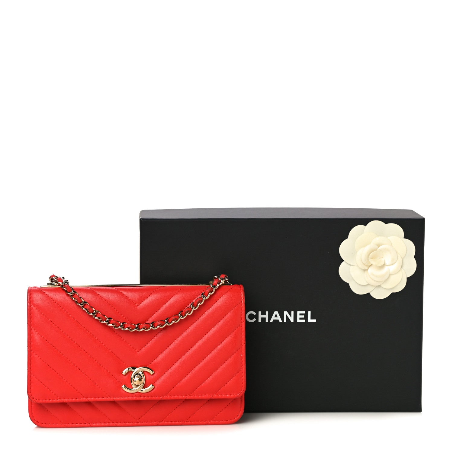Chanel Lambskin Chevron Quilted Trendy CC Wallet On Chain WOC Red 18 of 18