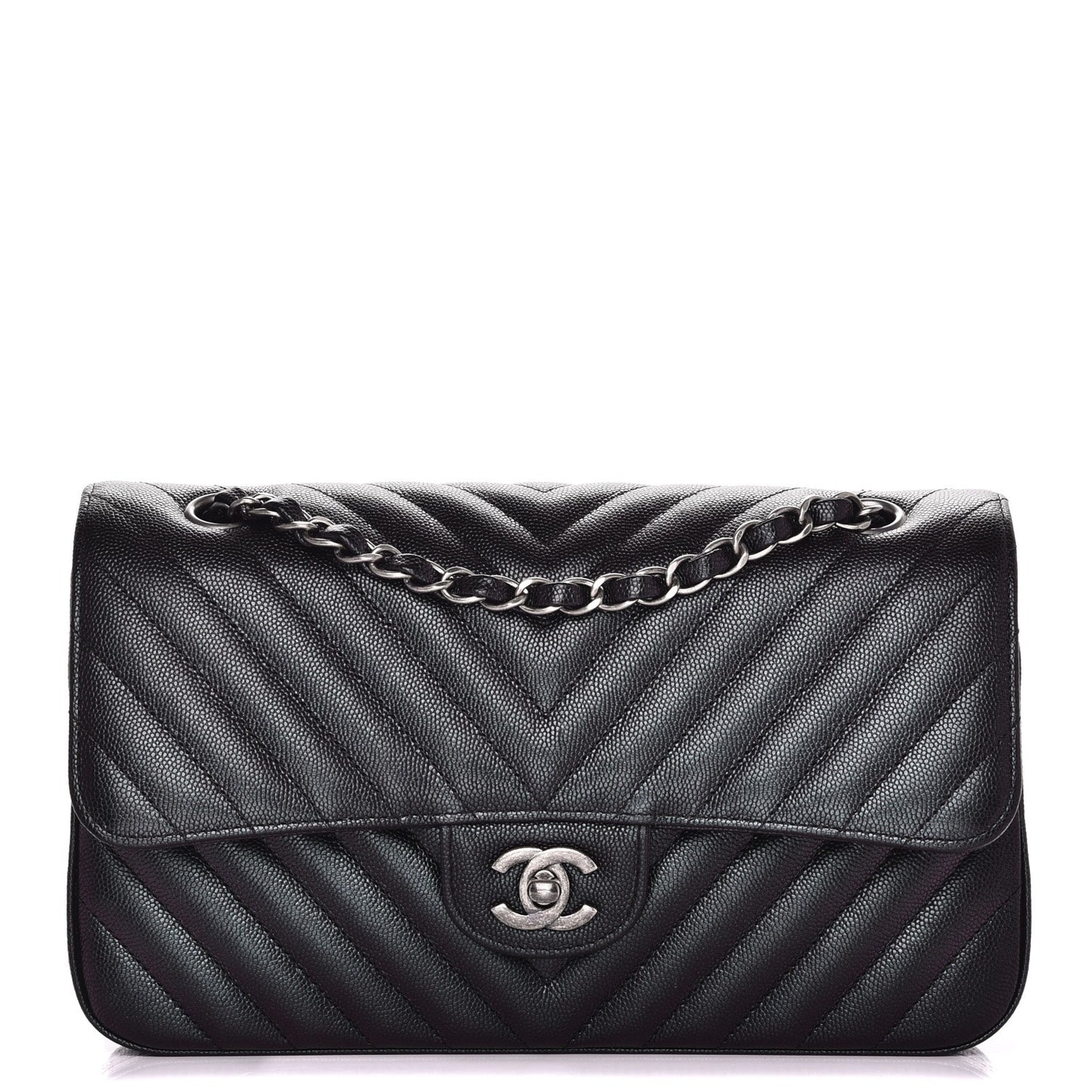 Iridescent Caviar Chevron Quilted Medium Double Flap Black