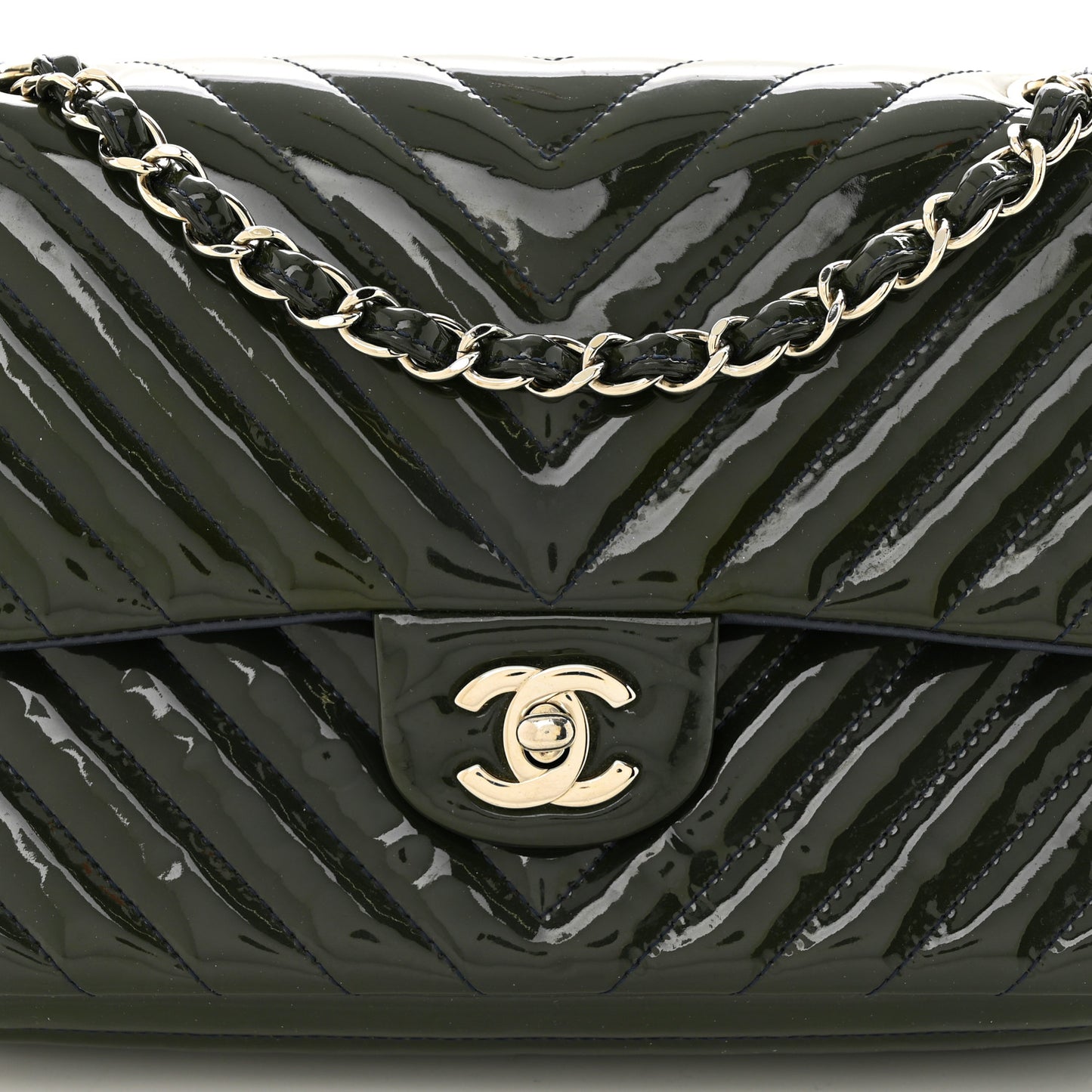 Patent Chevron Quilted Medium Double Flap Navy