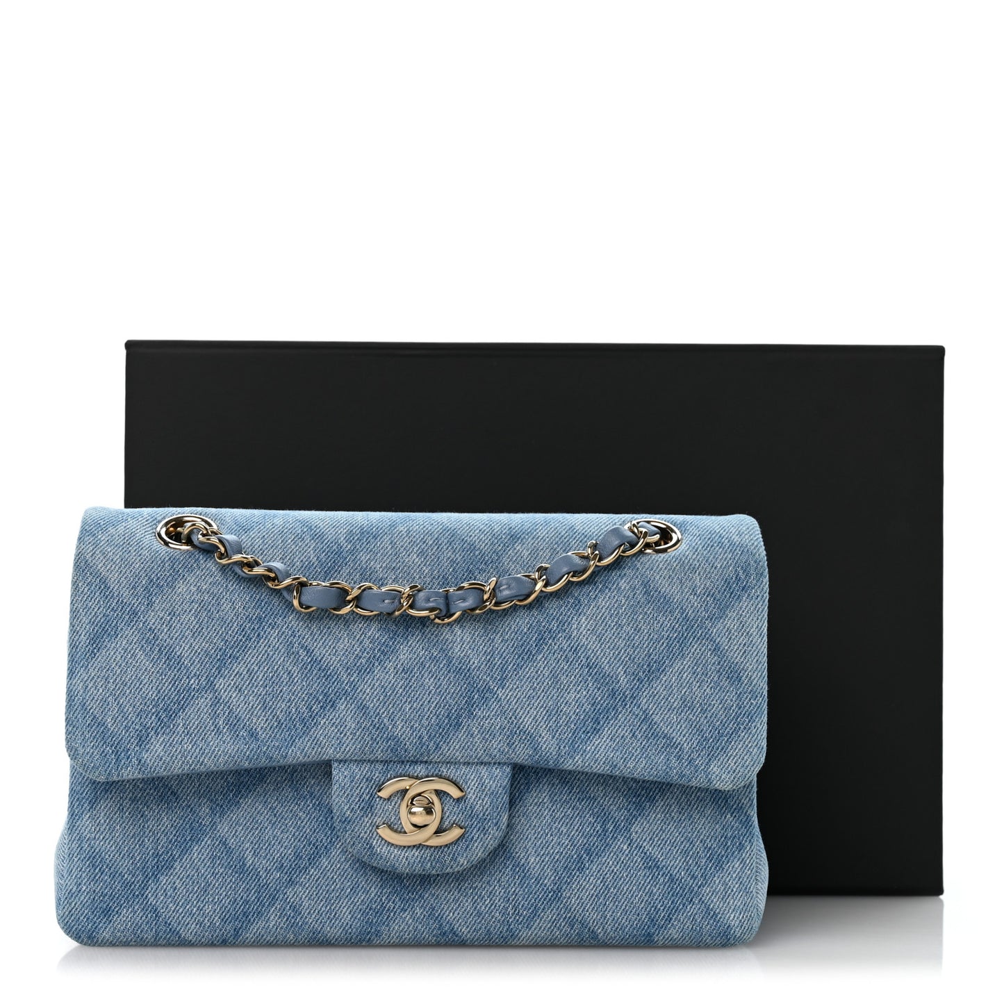 Printed Denim Quilted Small Double Flap Light Blue