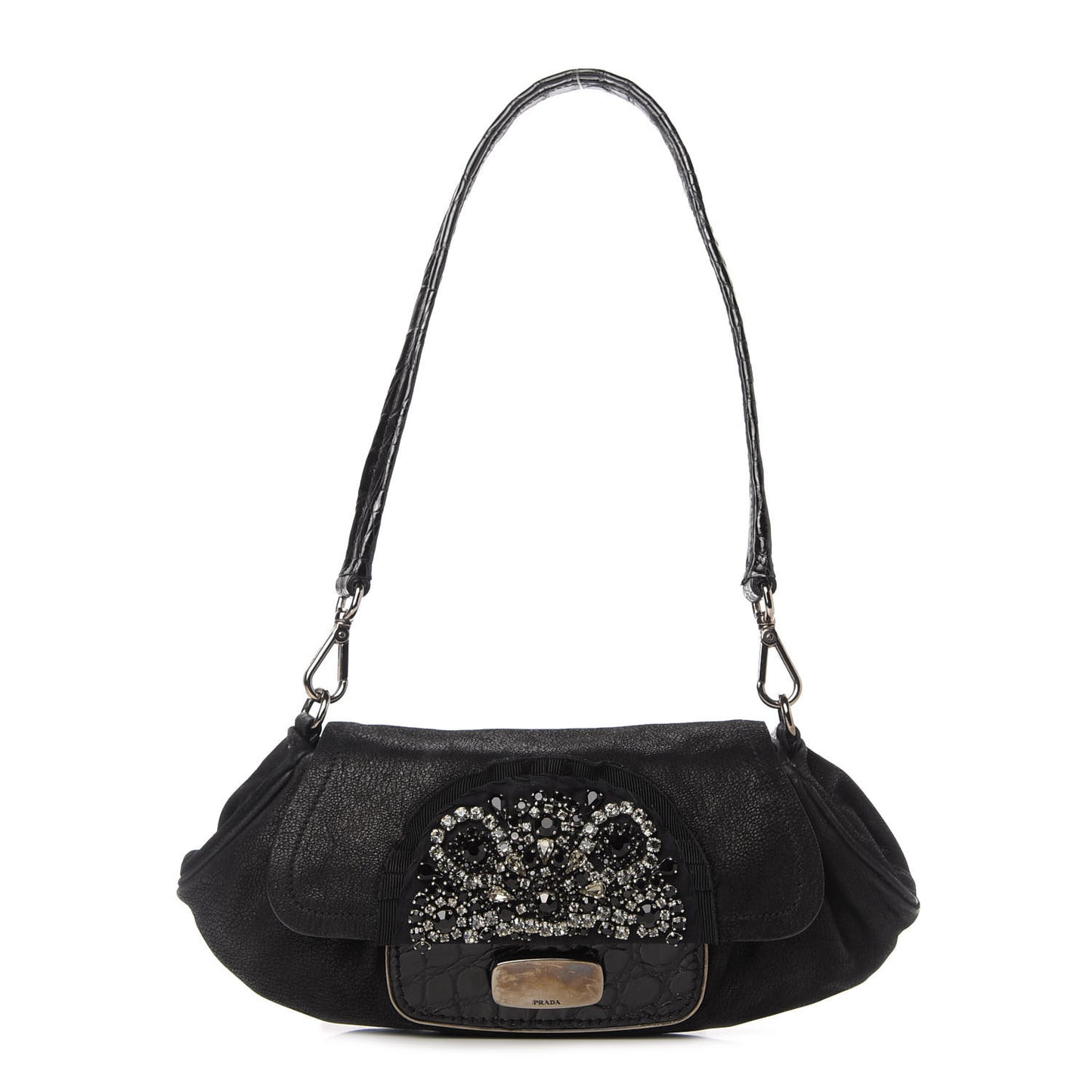 Camosciato Crocodile Crystal Shoulder Bag Black