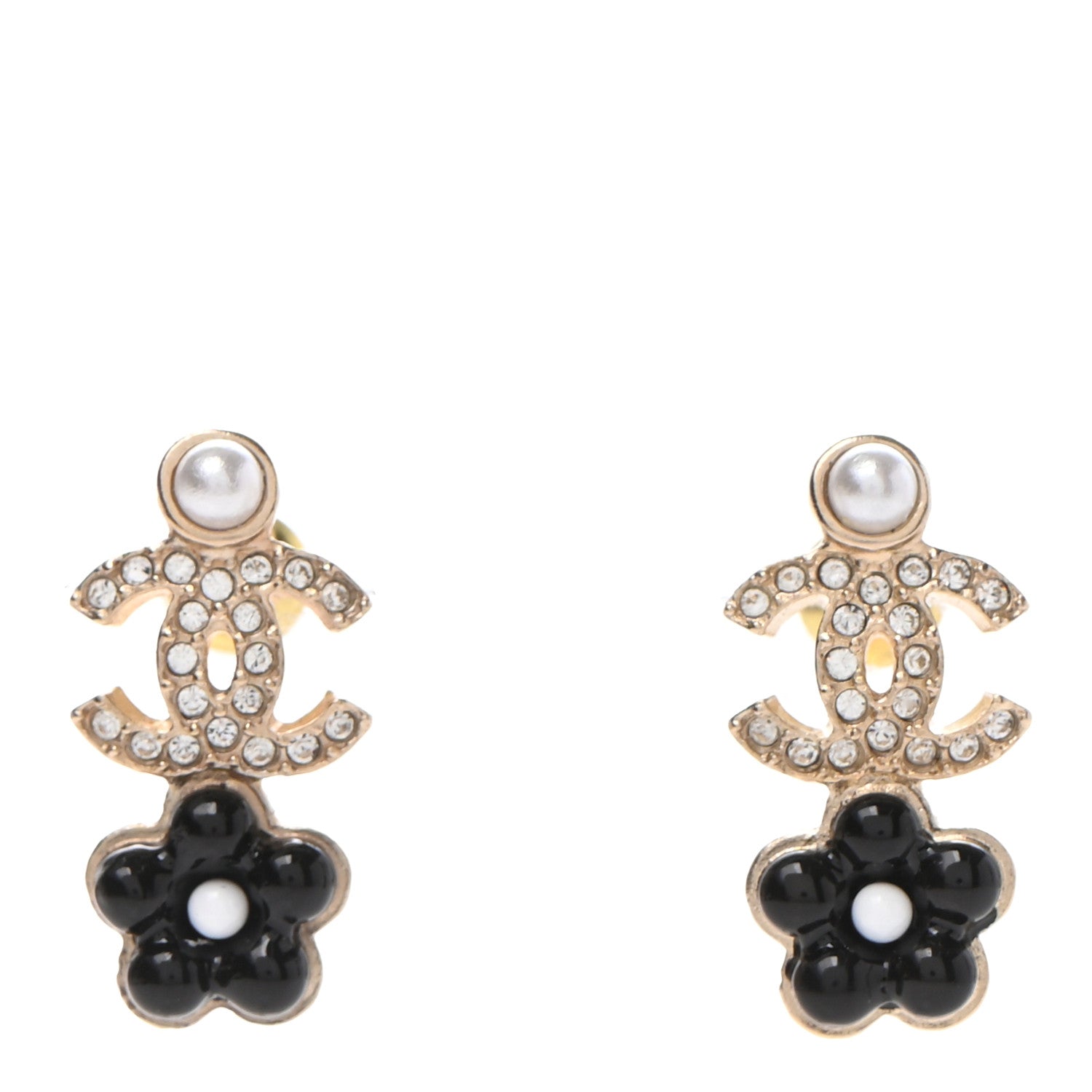 Chanel Crystal Pearl CC Flower Earrings Black Gold 1 of 4
