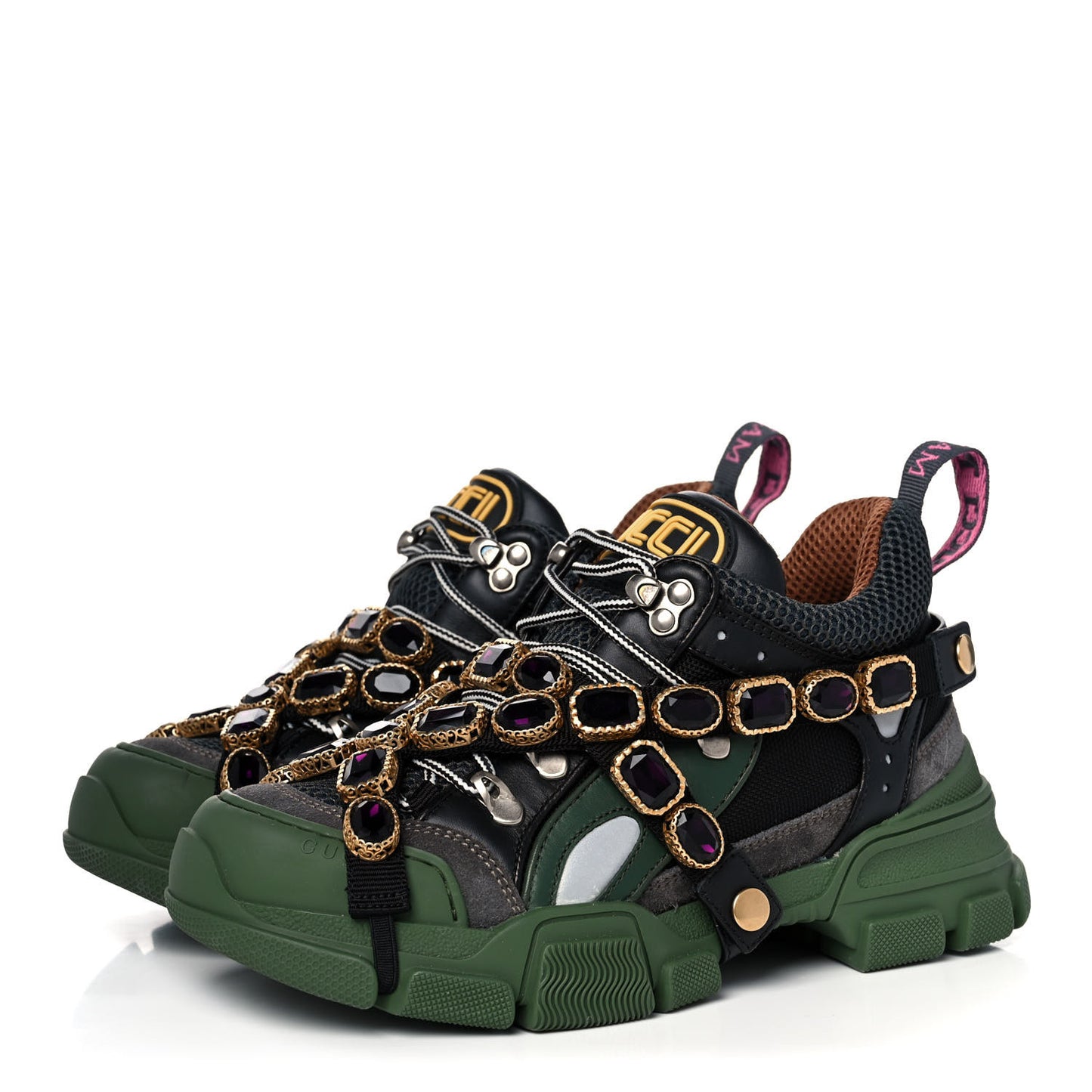X SEGA Mesh Suede Calfskin Removable Crystals Flashtrek Sneakers 37.5 Loess Black Olive Green