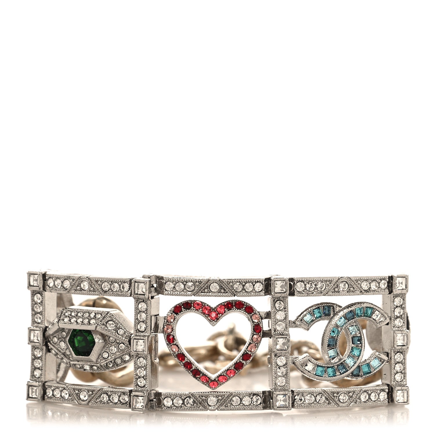 Chanel Baguette Crystal Eye Heart CC Bracelet Silver Multicolor 1 of 5