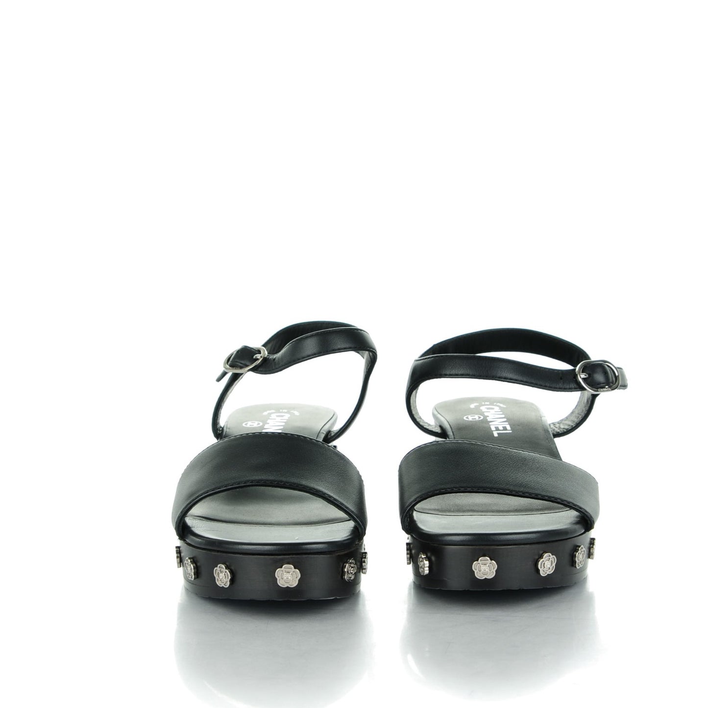 Calfskin Camellia Platform Sandals 38 Black