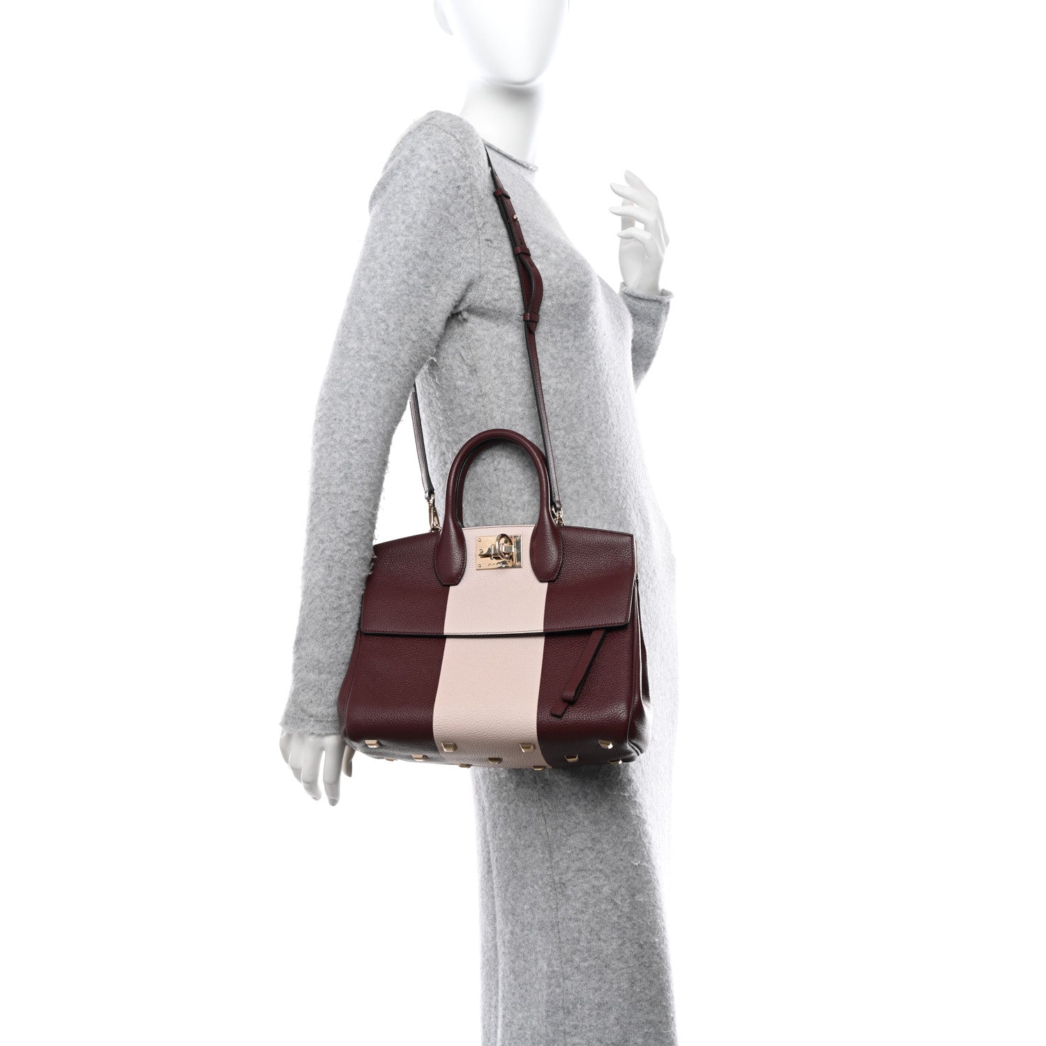 Salvatore Ferragamo Grained Calfskin Studio Top Handle Bag Burgundy Beige 2 of 15