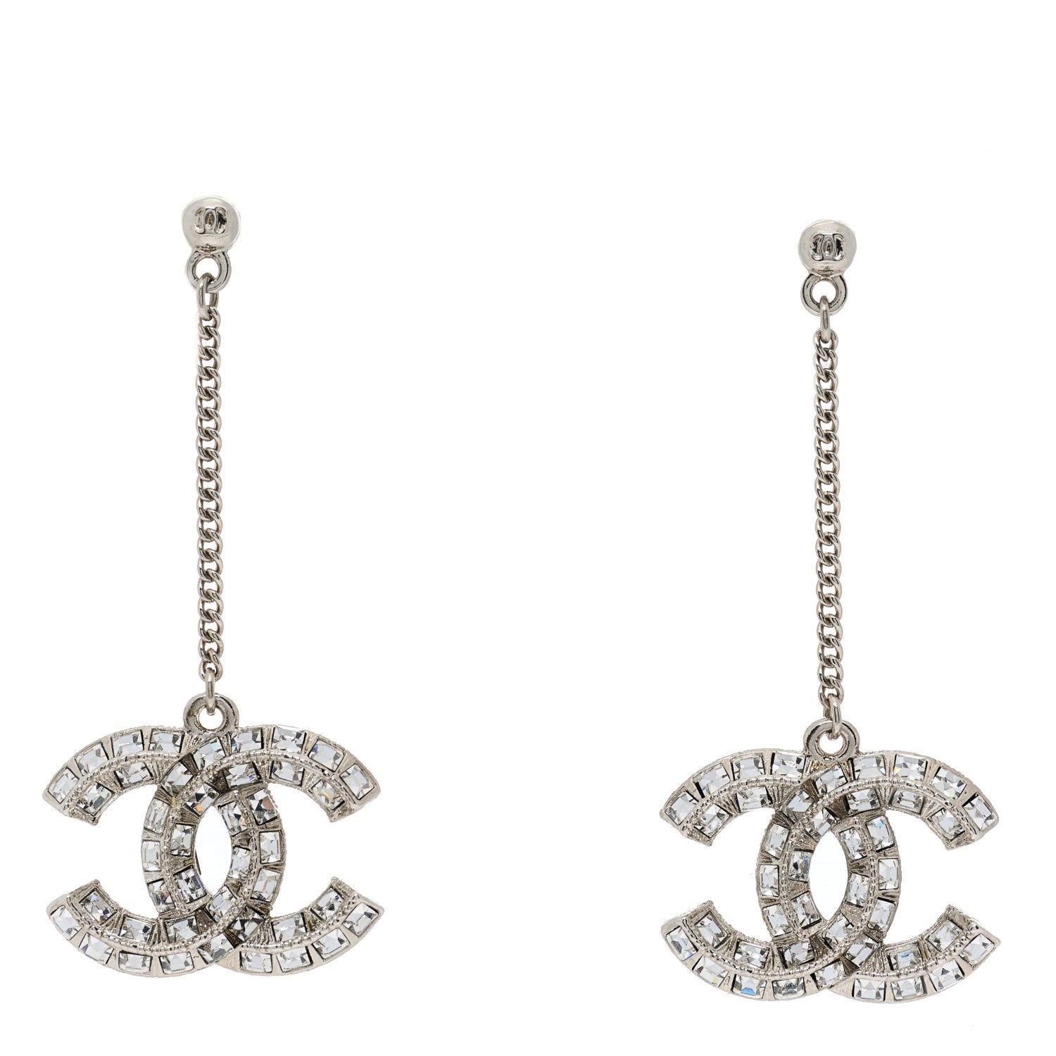 Chanel Baguette Crystal CC Drop Earrings Silver 1 of 3