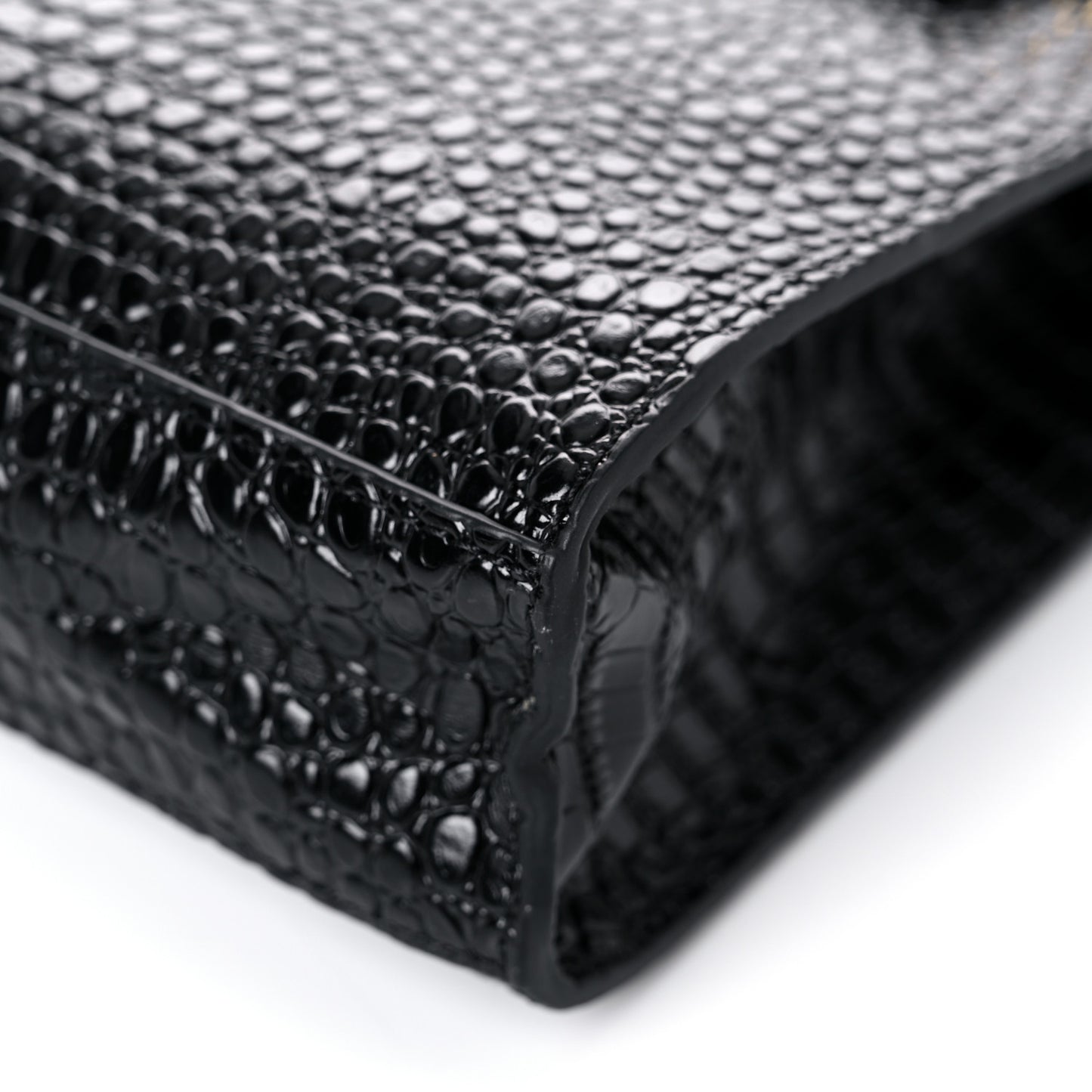 Shiny Calfskin Crocodile Embossed Manhattan Baguette Black