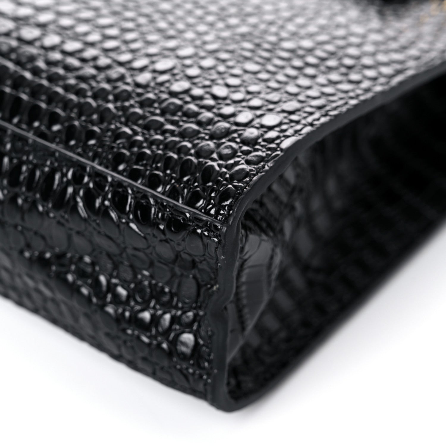 Saint Laurent Shiny Calfskin Crocodile Embossed Manhattan Baguette Black 8 of 11