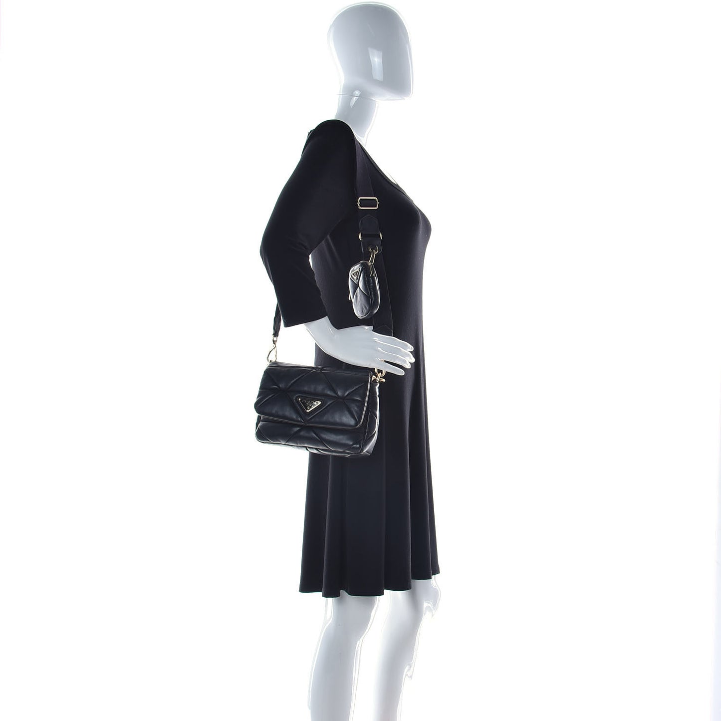 Nappa Re-Nylon Triangle Quilted Patchwork System Flap Shoulder Bag Black
