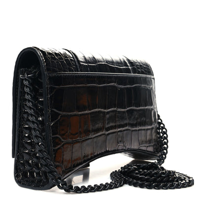 Balenciaga Shiny Calfskin Monochrome Crocodile Embossed Hourglass Chain Bag Black 3 of 11