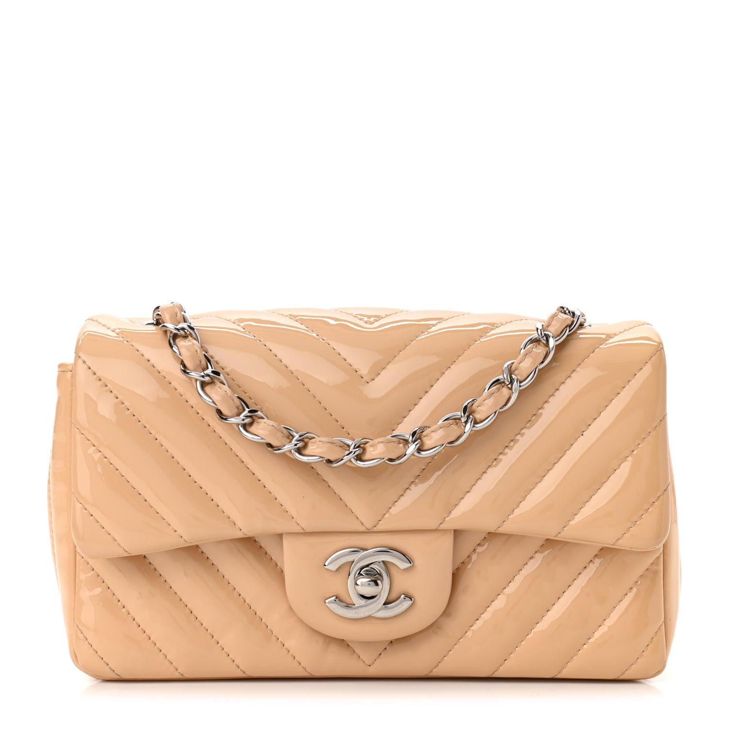 Chanel Patent Chevron Quilted Mini Rectangular Flap Beige 1 of 10