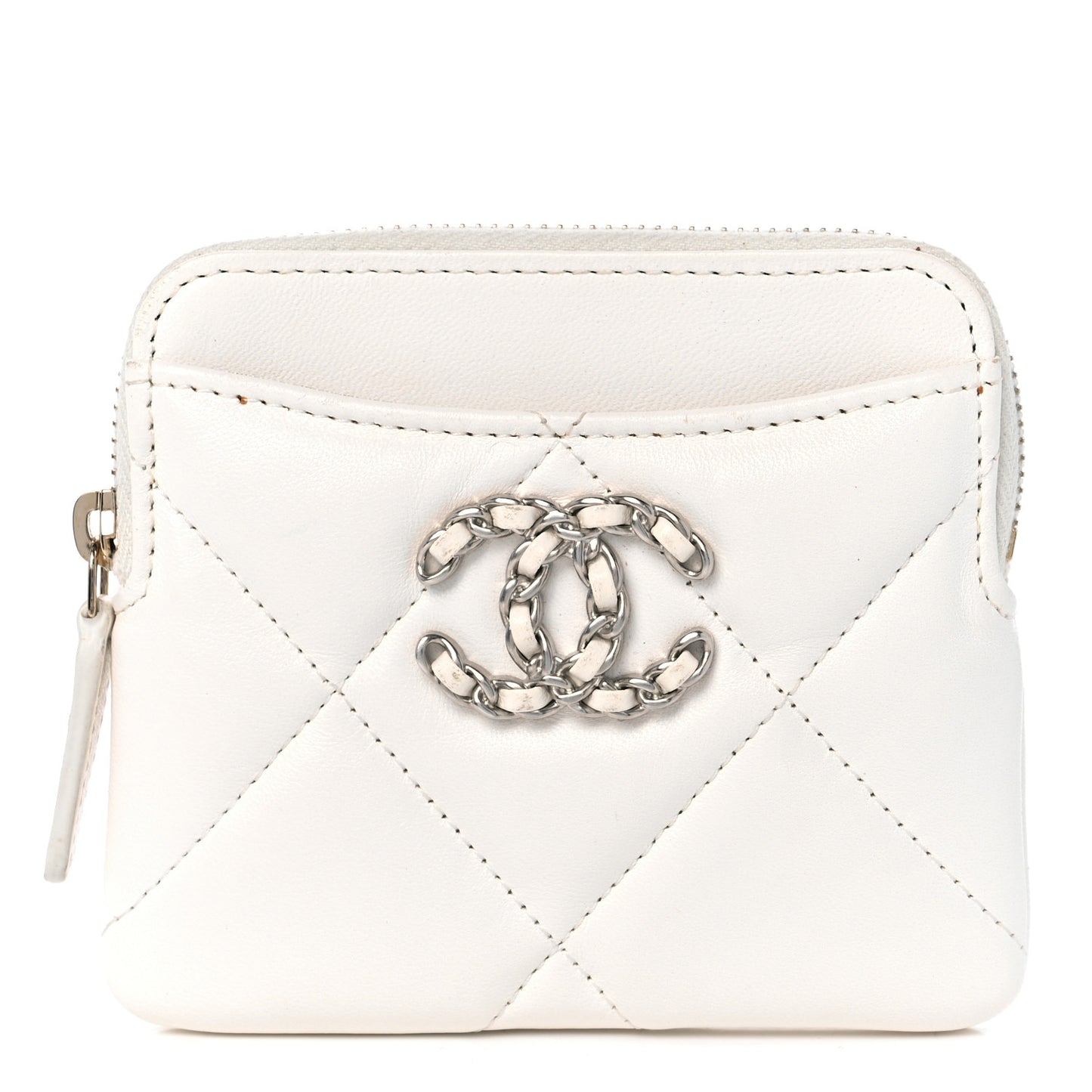 Lambskin Quilted Chanel 19 Zip Card Holder Wallet White