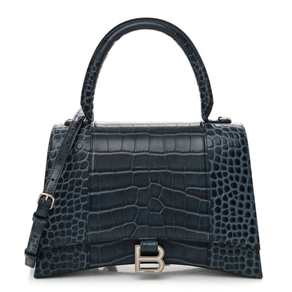 Balenciaga Shiny Calfskin Crocodile Embossed Medium Hourglass Top Handle Bag Denim Blue 1 of 12