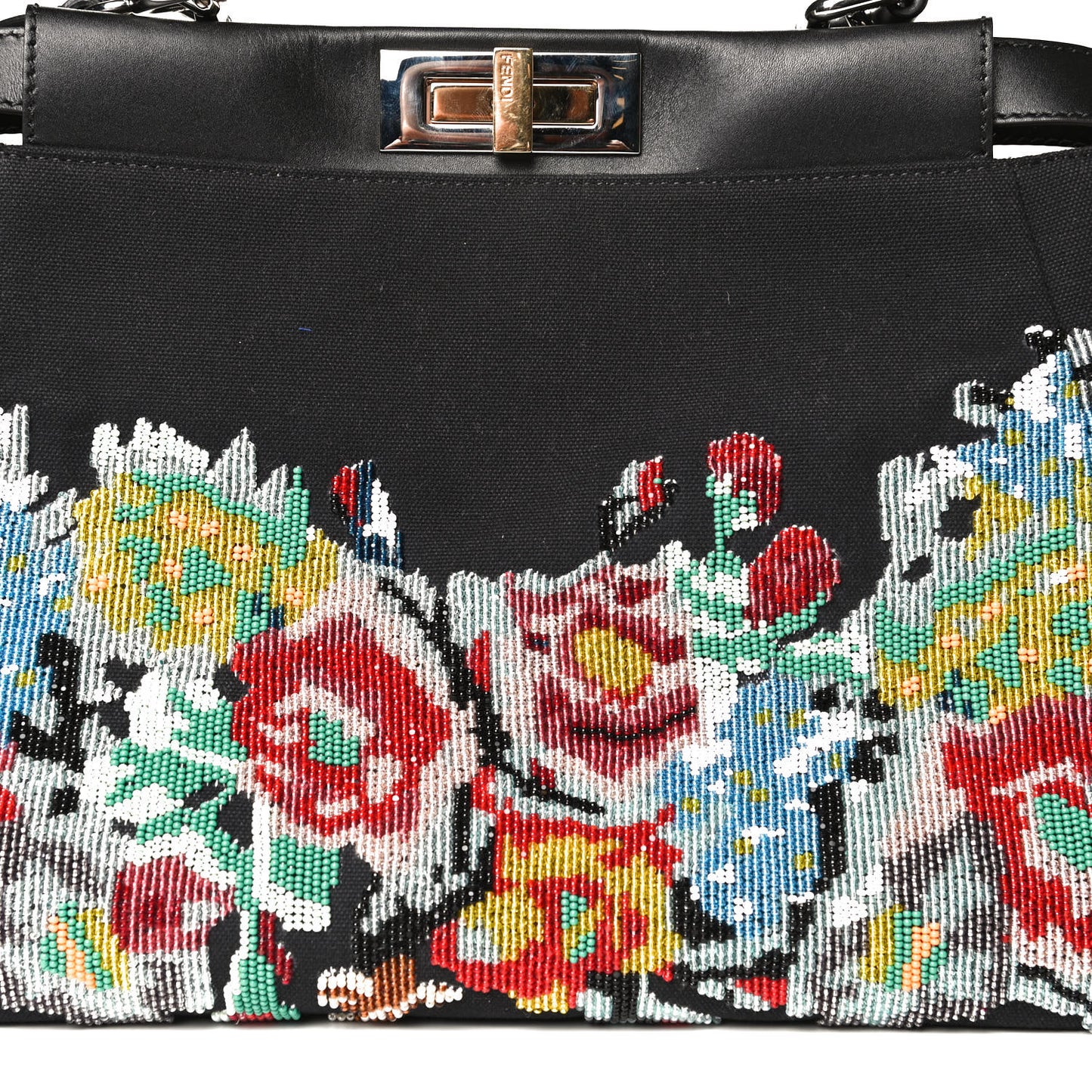 Canvas Beaded Floral Medium Peekaboo Iconic Satchel Black