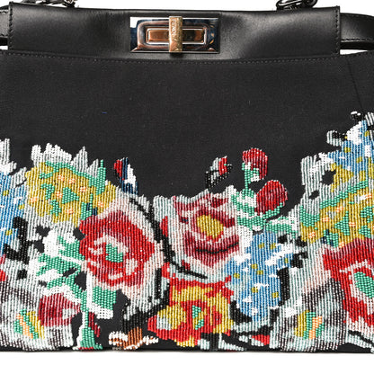 Fendi Canvas Beaded Floral Medium Peekaboo Iconic Satchel Black 9 of 14