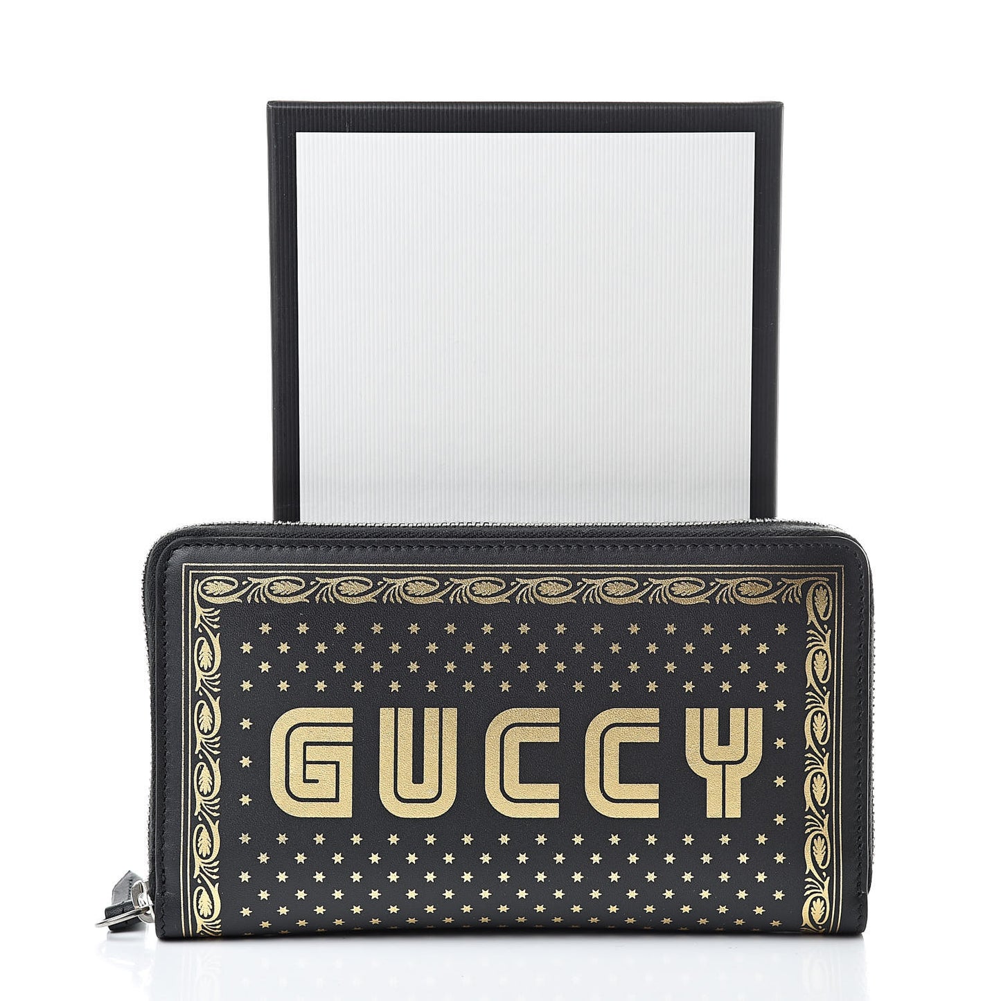 X SEGA Calfskin GUCCY Stars Zip Around Wallet Black Gold
