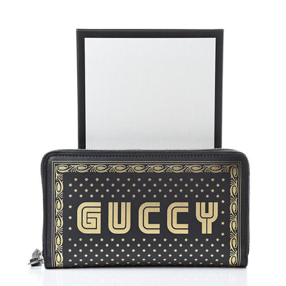 Gucci X SEGA Calfskin GUCCY Stars Zip Around Wallet Black Gold 8 of 8