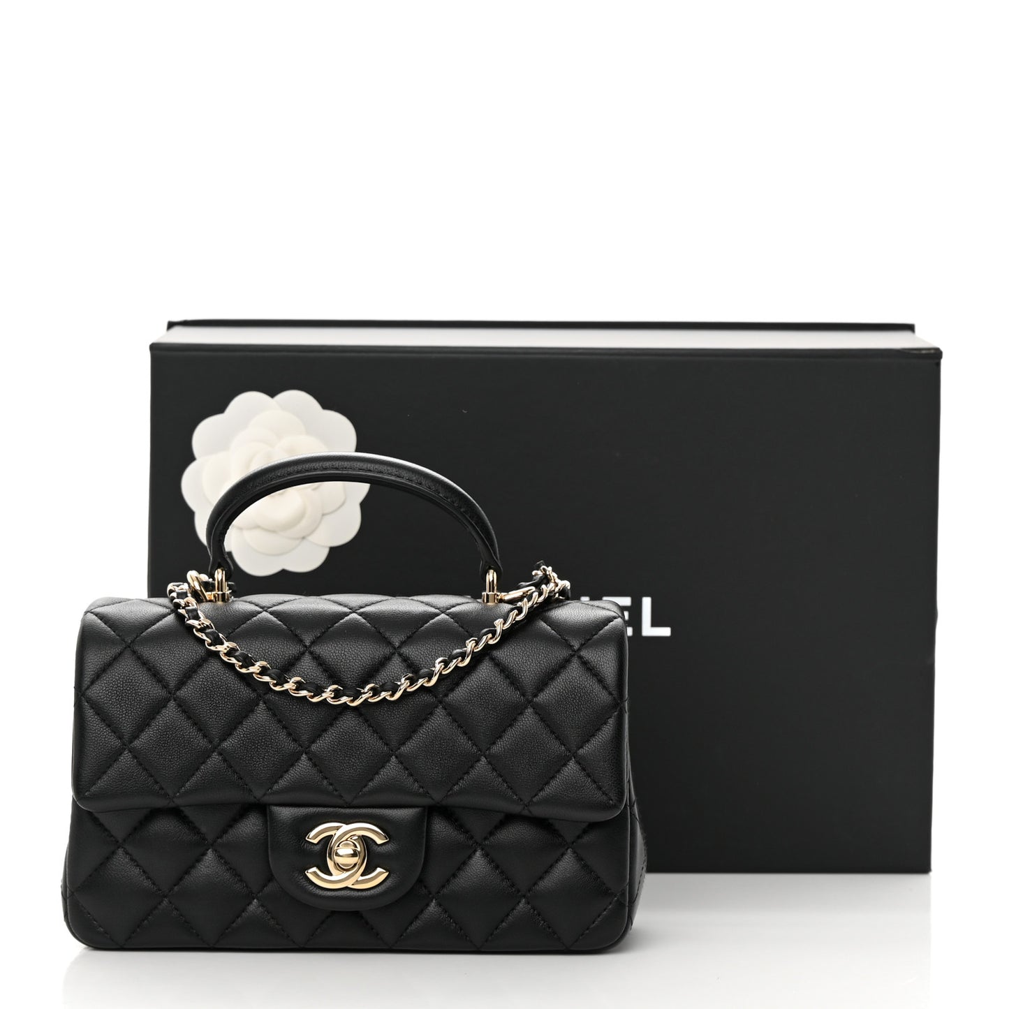 Lambskin Quilted Mini Top Handle Rectangular Flap Black
