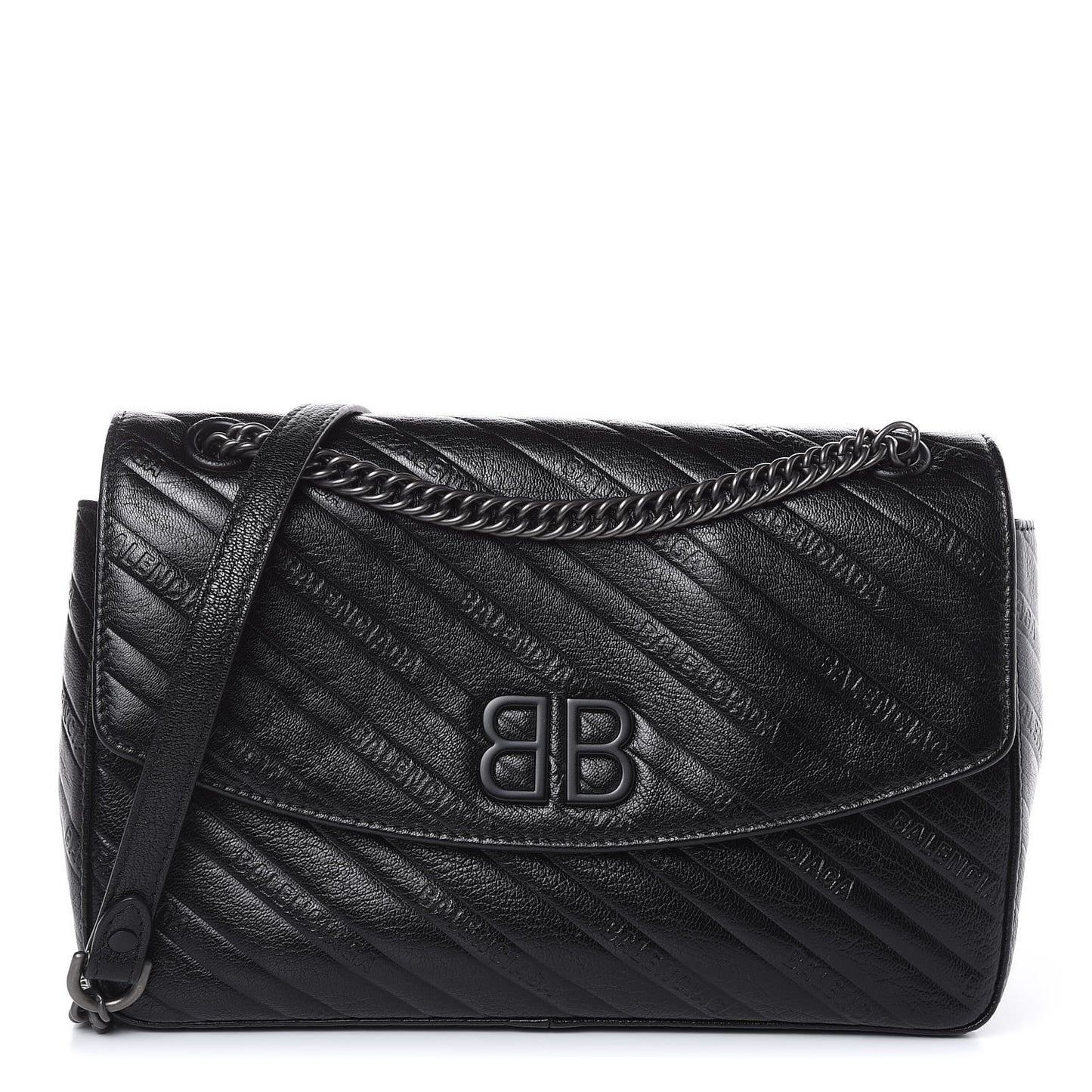 Shiny Goatksin Logo Embossed Monochrome M BB Round Shoulder Bag Black
