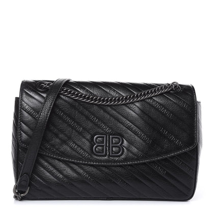 Balenciaga Shiny Goatksin Logo Embossed Monochrome M BB Round Shoulder Bag Black 1 of 14
