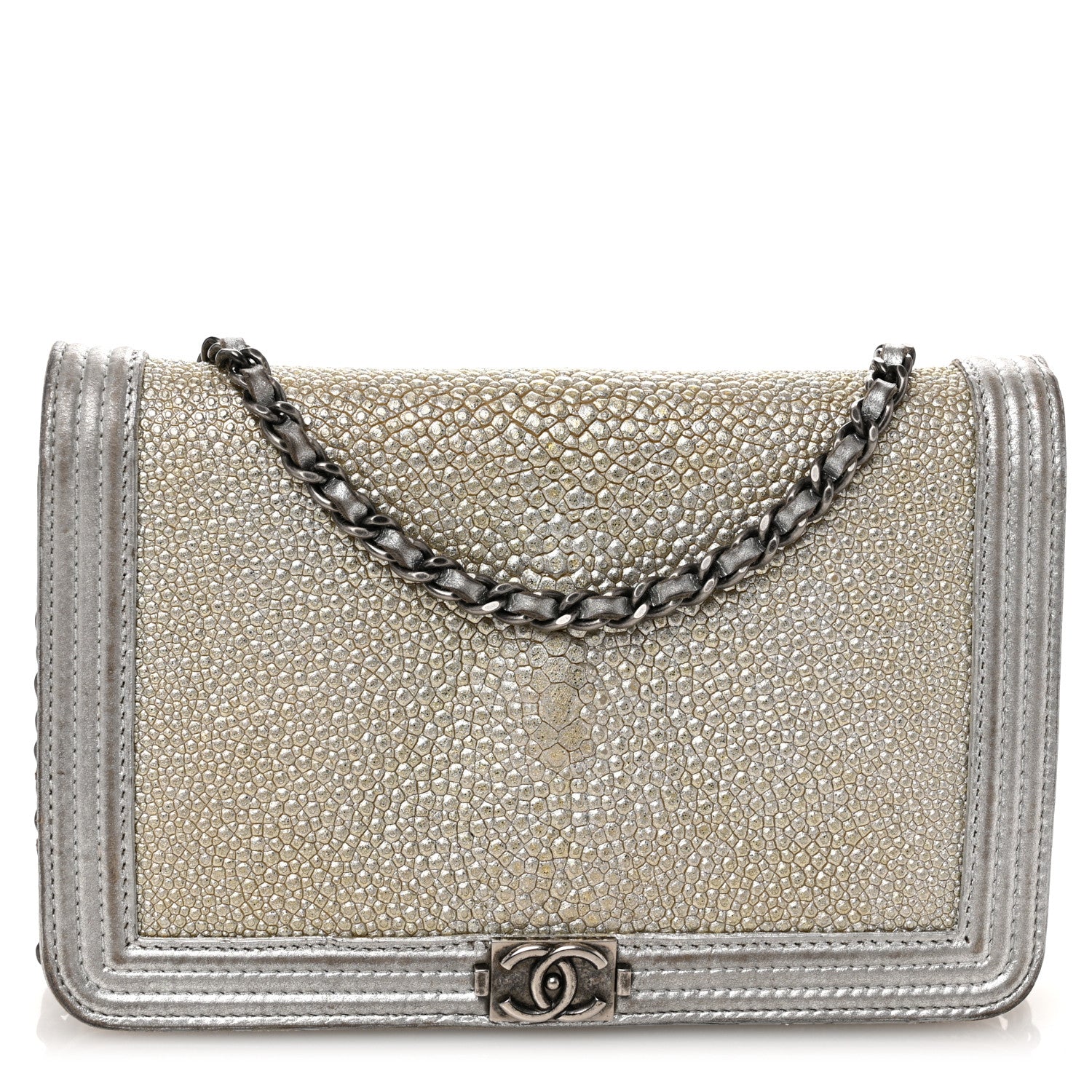 Chanel Metallic Galuchat Stingray Lambskin Boy Wallet On Chain WOC Silver 1 of 12