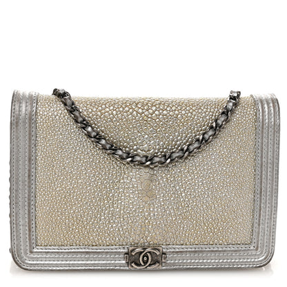 Chanel Metallic Galuchat Stingray Lambskin Boy Wallet On Chain WOC Silver 1 of 12