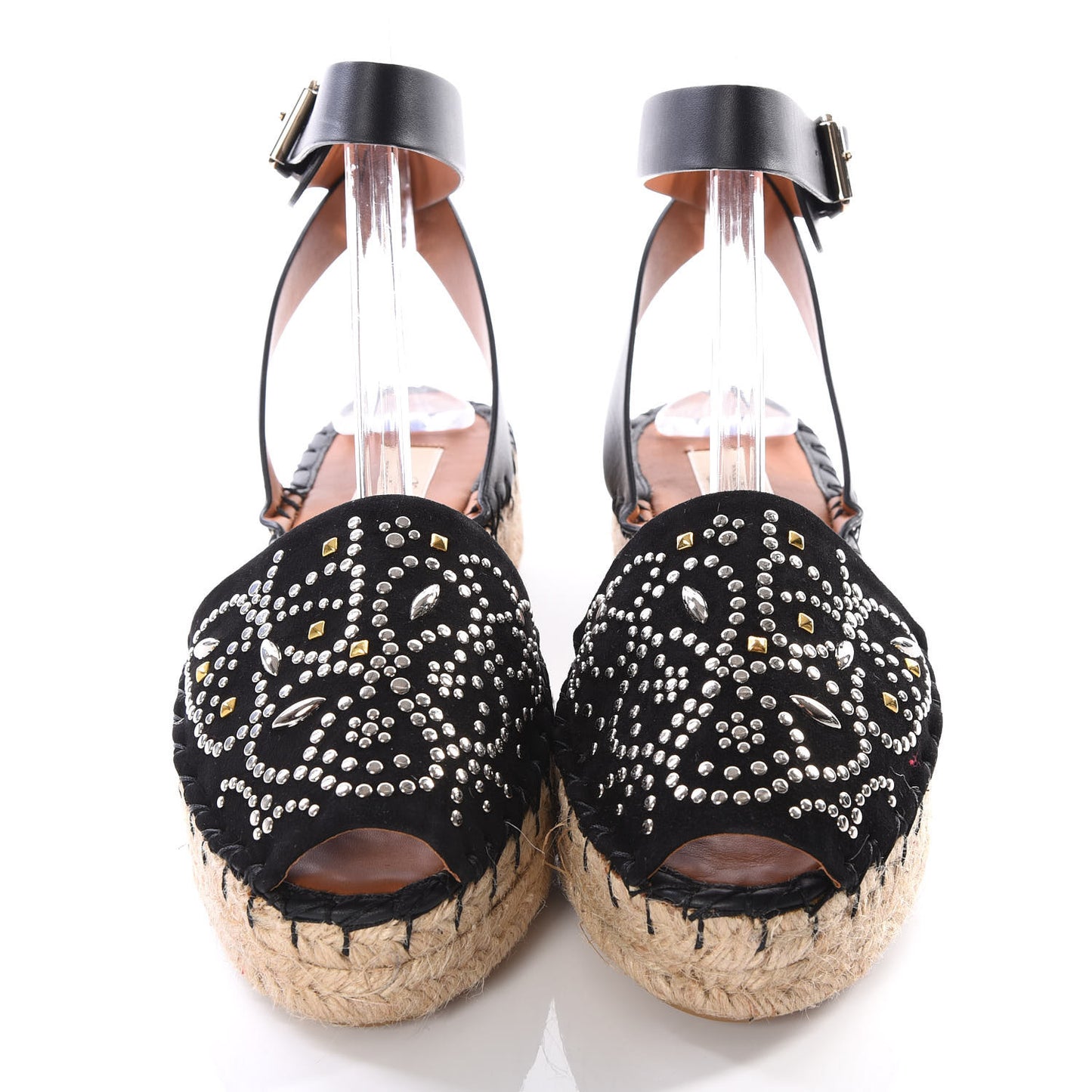Suede Studded Peep Toe Ankle Wrap Flatform Espadrilles 38 Black
