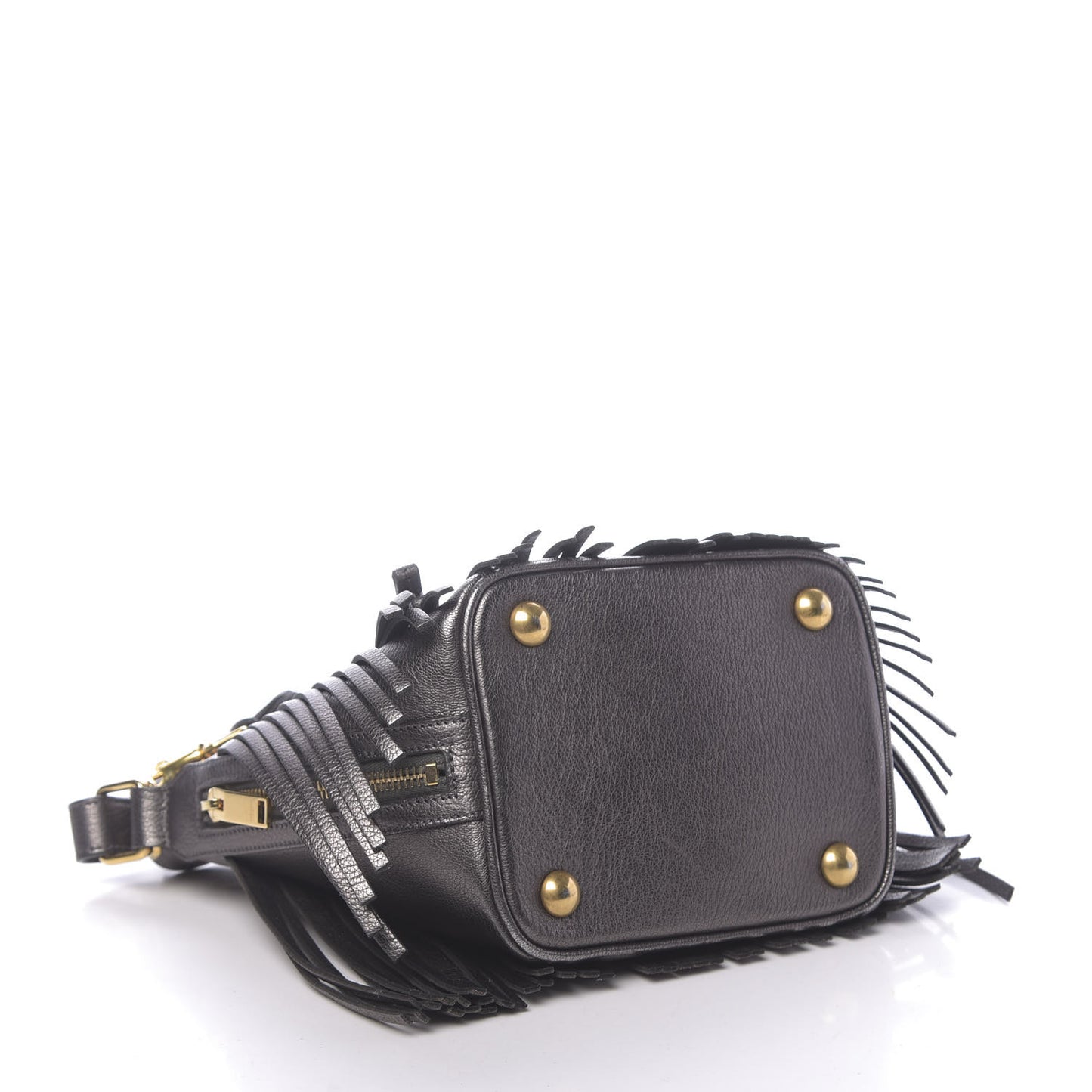 Metallic Goatskin Small Emmanuelle Fringe Bucket Bag Graphite