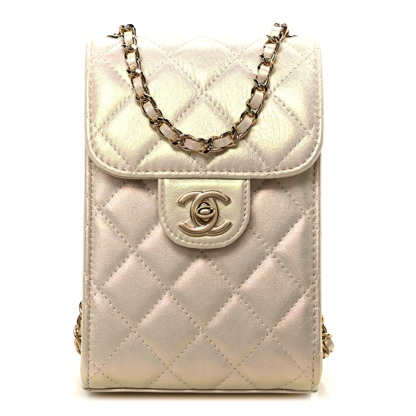 Iridescent Lambskin Quilted CC Phone Holder Ivory