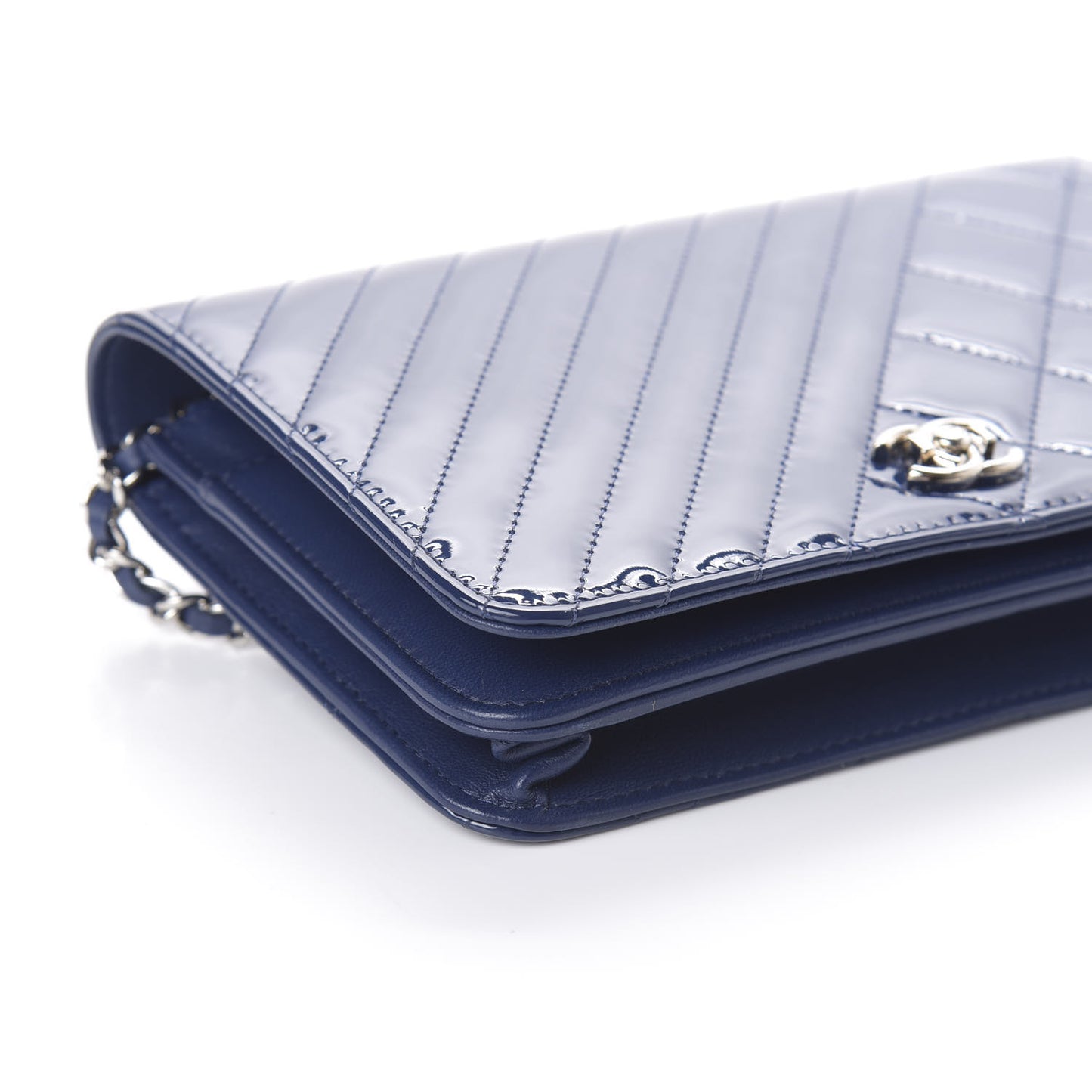 Patent Quilted Coco Boy Wallet On Chain WOC Blue