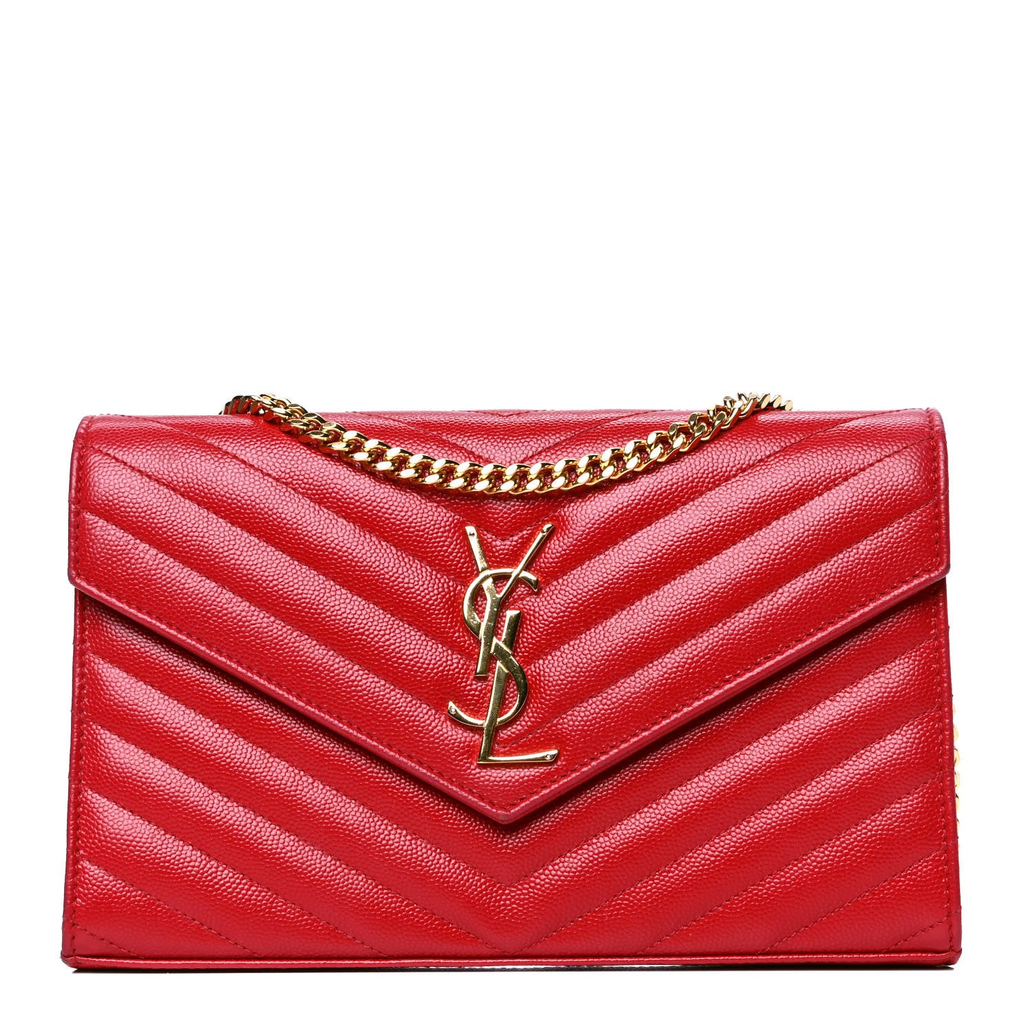 Saint Laurent Grain De Poudre Matelasse Chevron Monogram Chain Wallet New Red 1 of 5